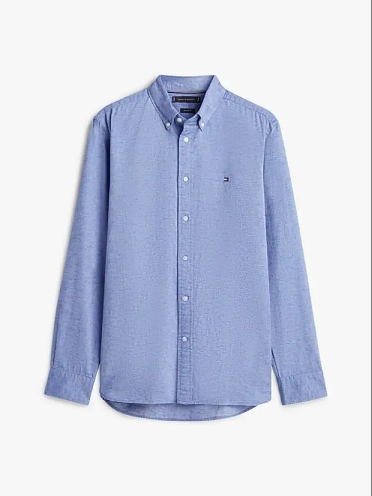 camicia botton down in cotone lino azuurro con logo