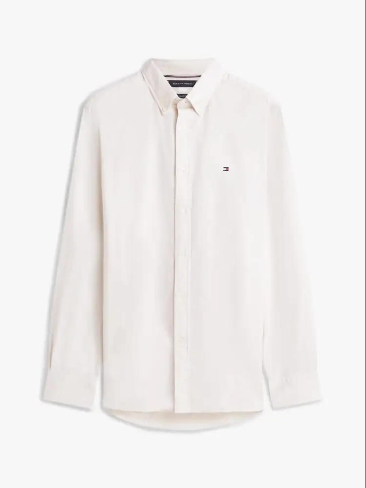 camicia botton down in cotone lino bianco con logo