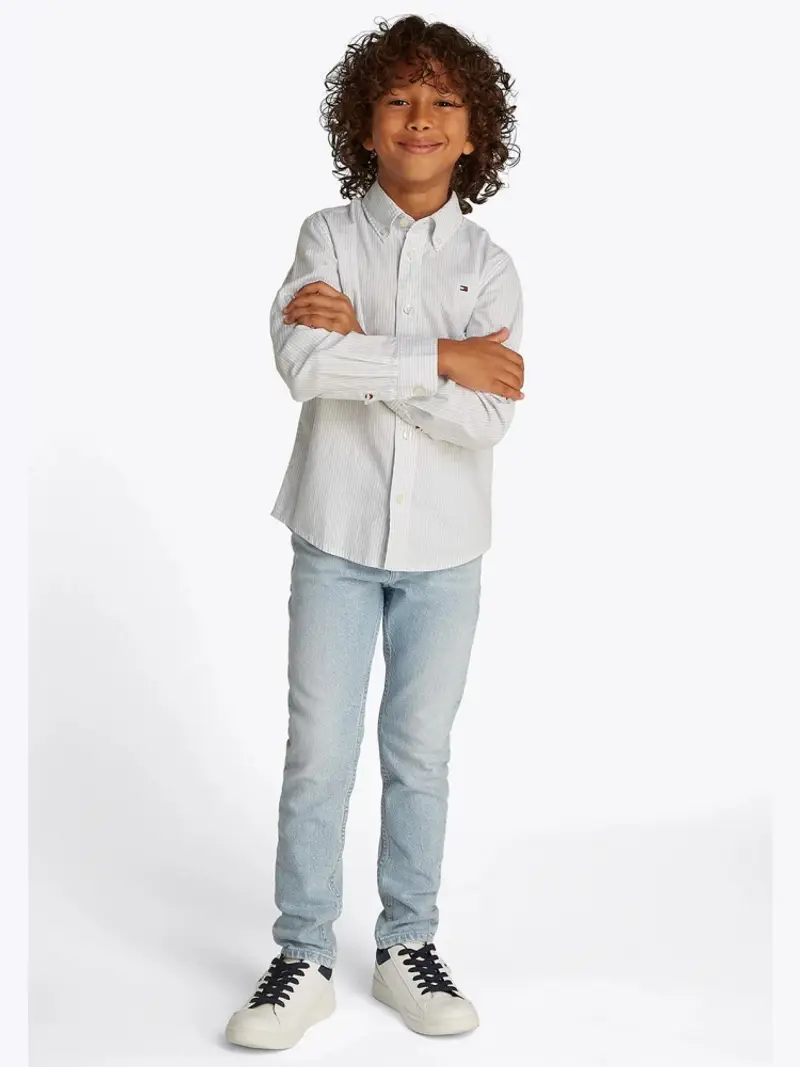 Tommy Hilfiger camicia celeste bambino in cotone a righe mini logo sul petto