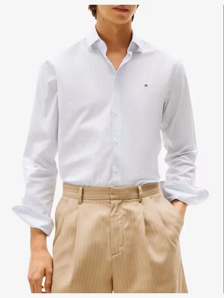 camicia celeste uomo a righe in popeline mini logo sul petto miniatura 2