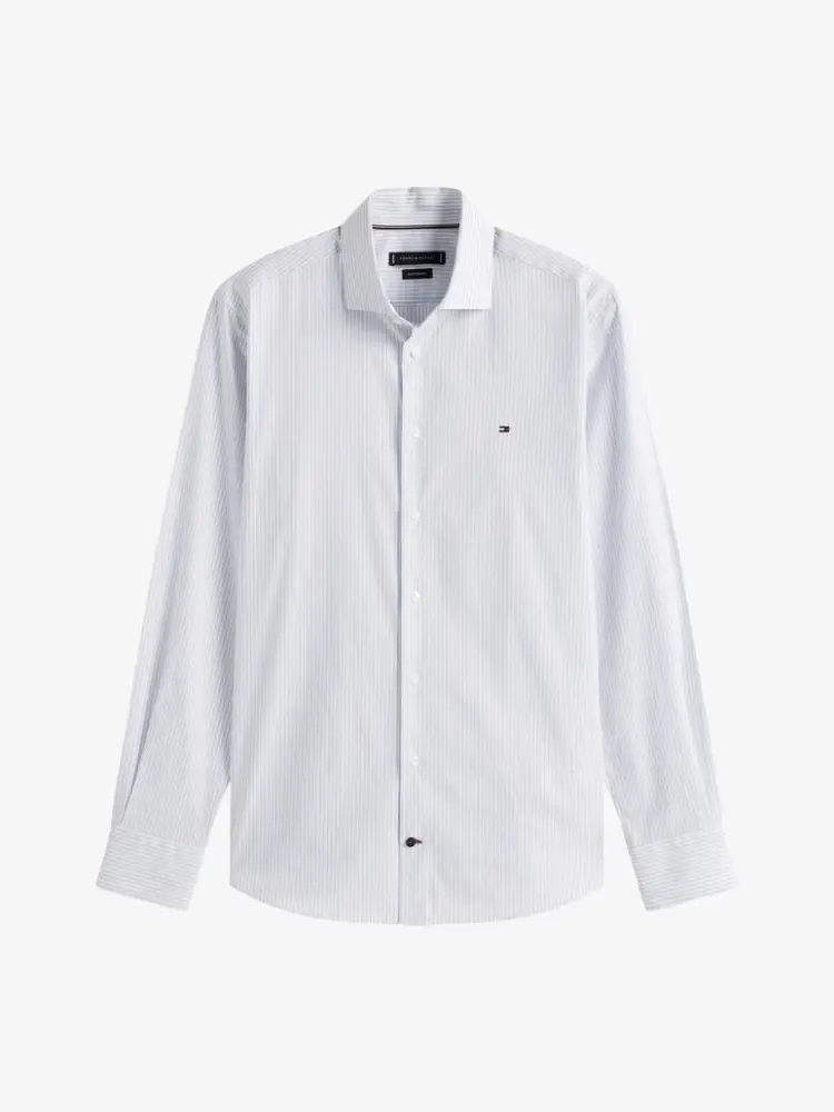 camicia celeste uomo a righe in popeline mini logo sul petto