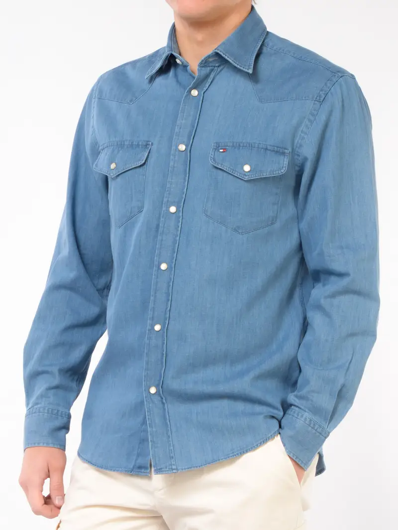 camicia da uomo Tommy Hilfiger in denim con tasche Blu