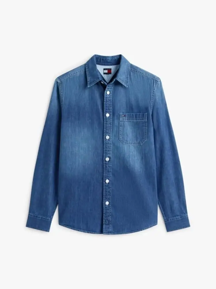 camicia in denim blu chiaro con micro logo