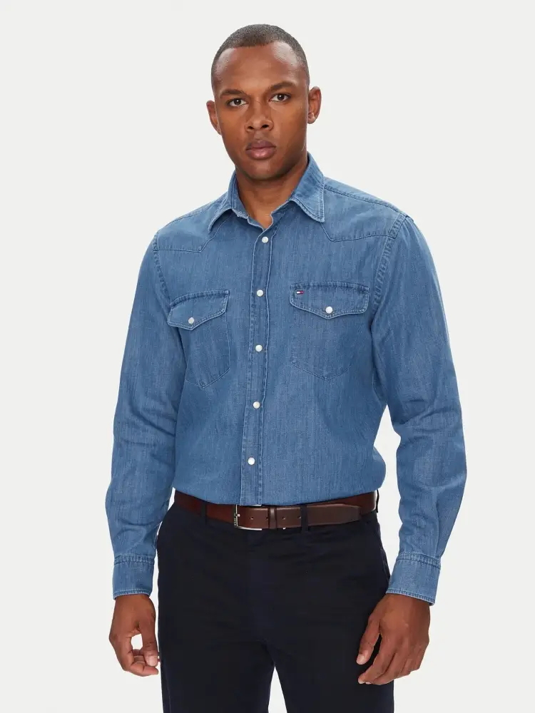 camicia in denim uomo in cotone logo ricamato sul petto