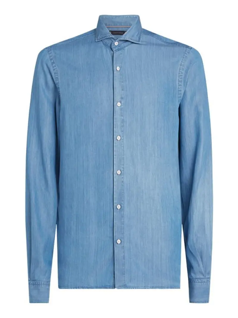 Tommy Hilfiger camicia in denim uomo in cotone micro logo sul petto