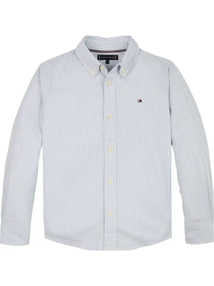 camicia kids/junior in cotone rigato bianco e celeste con bandierina ricamata