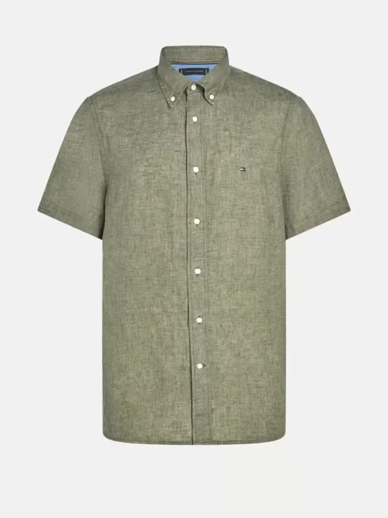 Tommy Hilfiger camicia verde uomo in lino mini logo sul petto