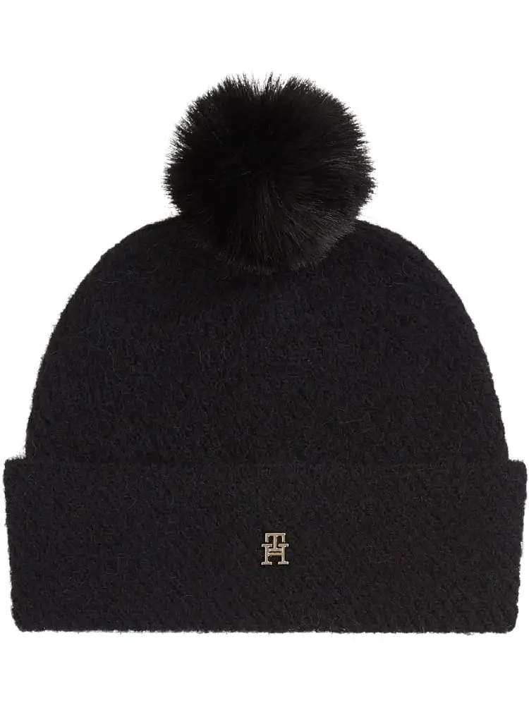 cappello nero donna in misto lana con pompon logo in metallo oro