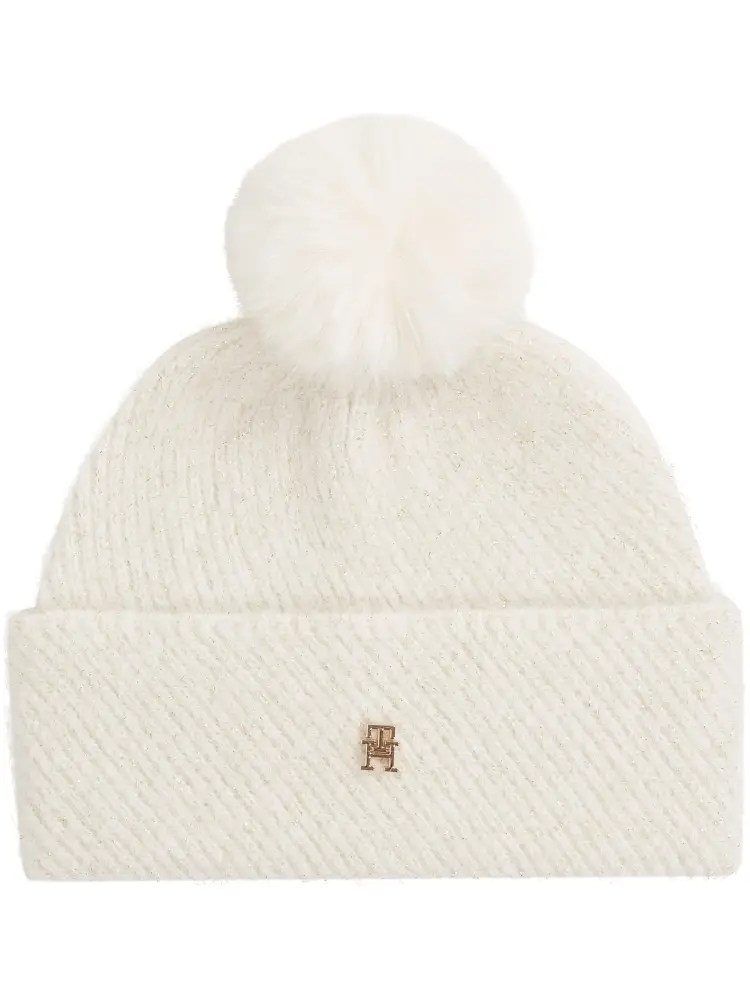 cappello panna donna in misto lana con pompon logo in metallo sul davanti