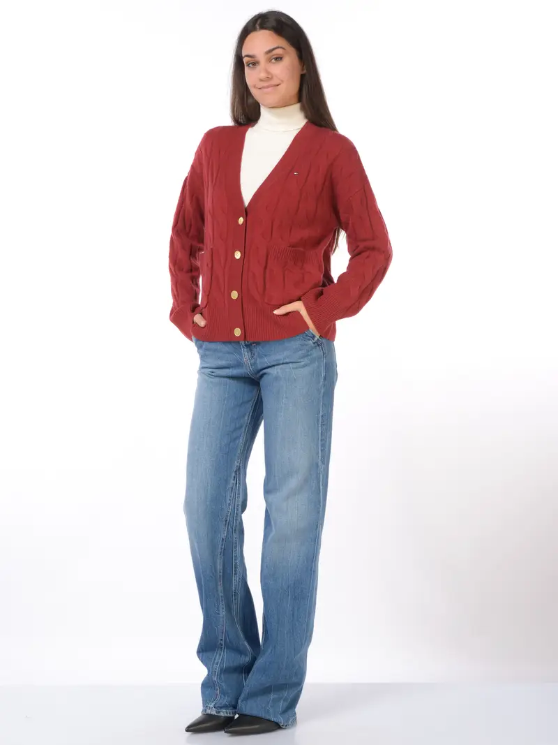 cardigan da donna Tommy Hilfiger a trecce con logo Rosso miniatura 2
