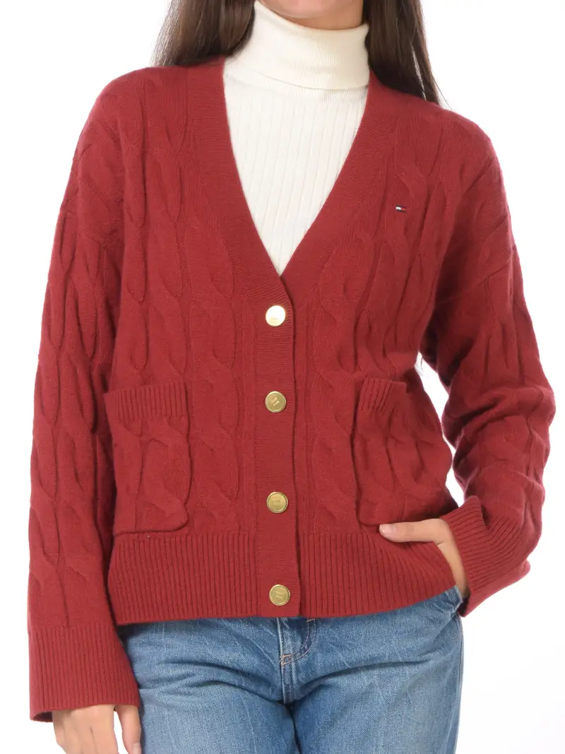 cardigan da donna Tommy Hilfiger a trecce con logo Rosso