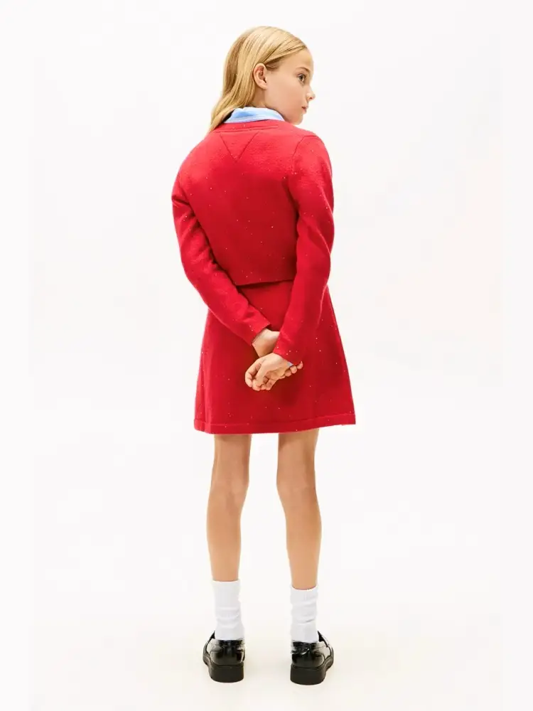 cardigan rosso bambina in misto cotone con strass mini logo sul petto miniatura 2