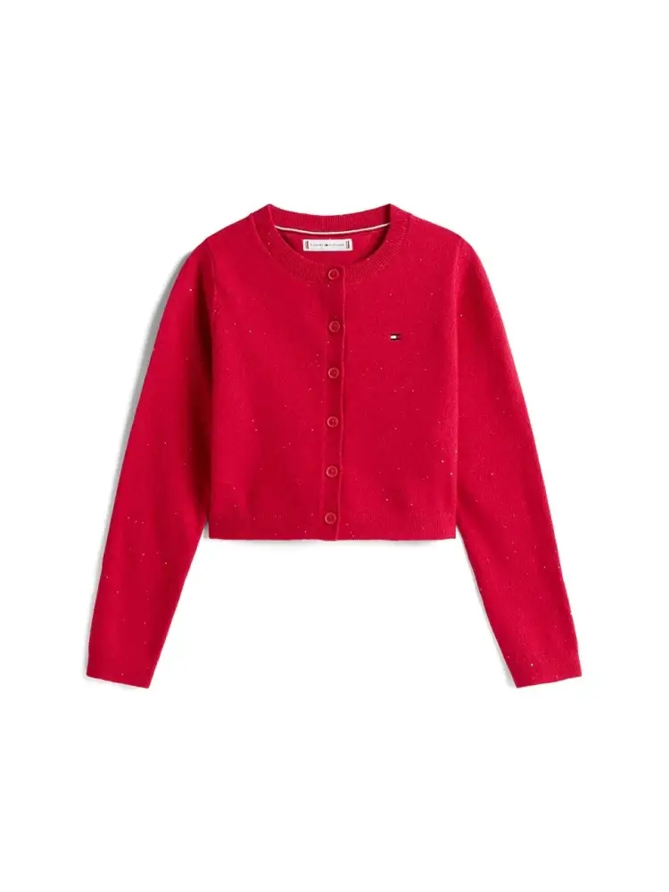 cardigan rosso bambina in misto cotone con strass mini logo sul petto