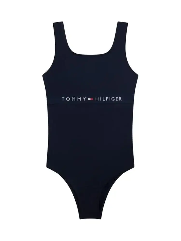 costume blu navy bambina intero logo lettering