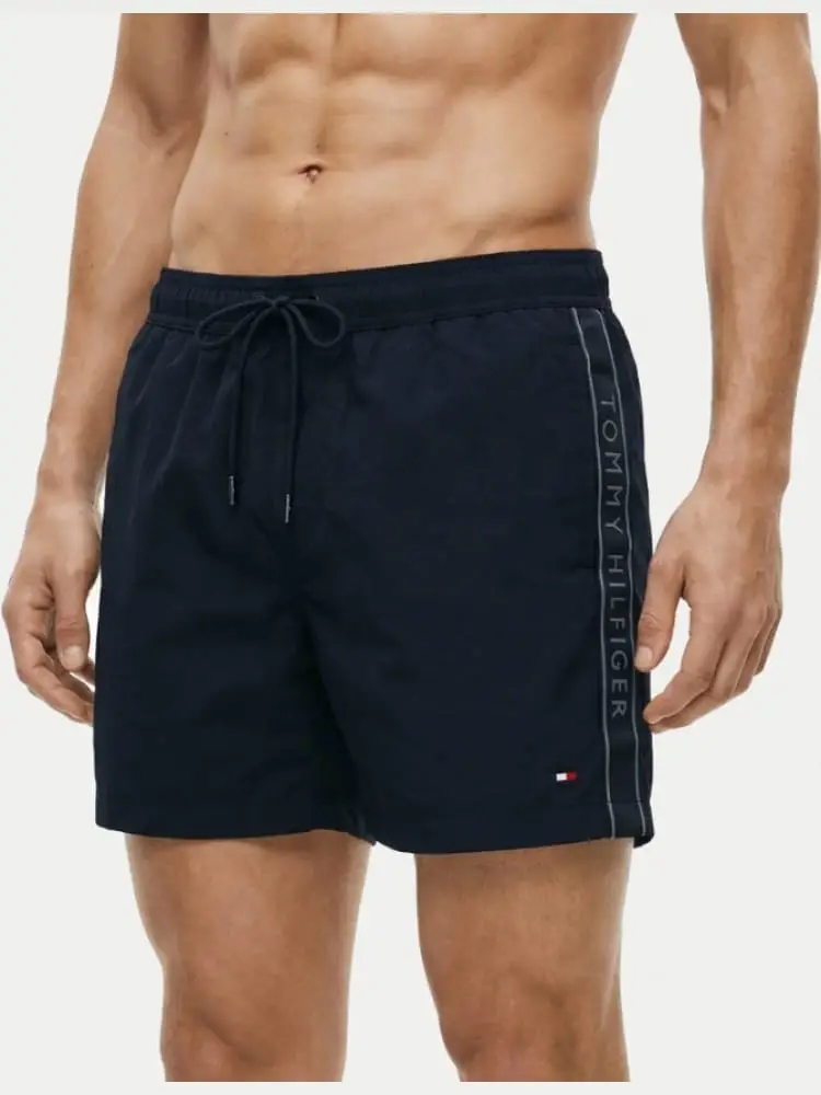 costume da bagno uomo lunghezza media blu scuro con logo sui lati