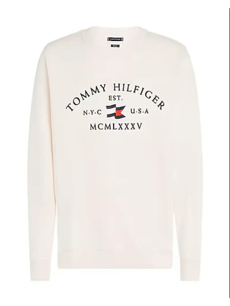 Tommy Hilfiger felpa bianca uomo in cotone girocollo logo ricamato sul davanti