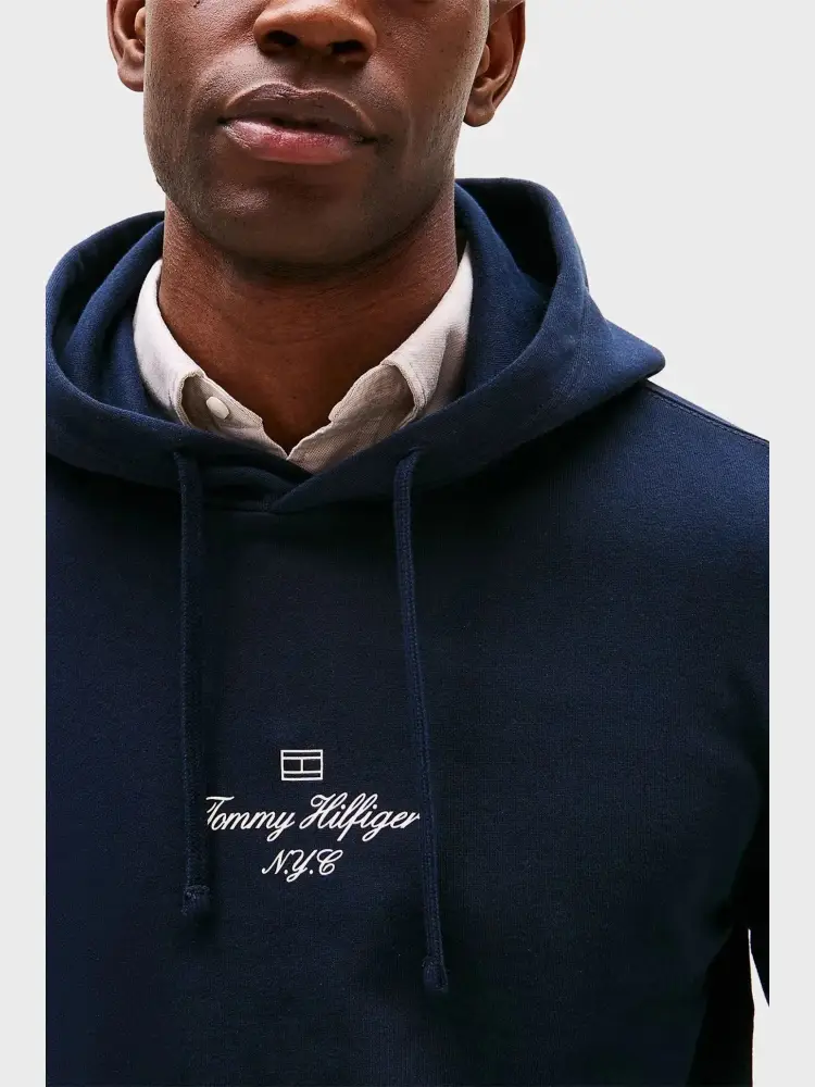 felpa blu navy uomo in cotone con cappuccio logo lettering sul davanti miniatura 3