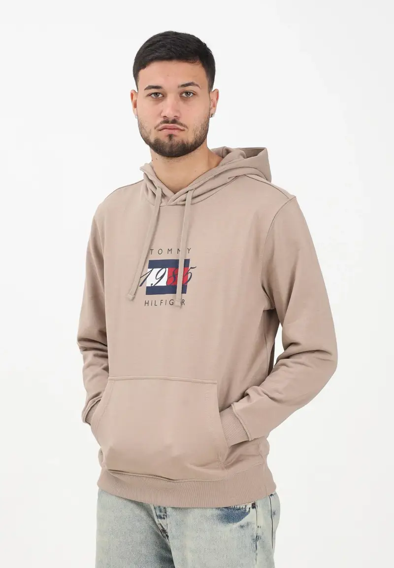 Felpa con cappuccio beige da uomo rifinita da stampa logo miniatura 2