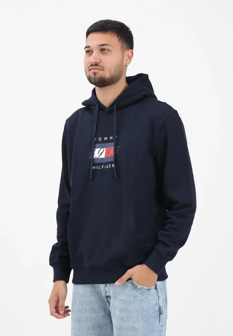 Felpa con cappuccio blu da uomo rifinita da stampa logo miniatura 2