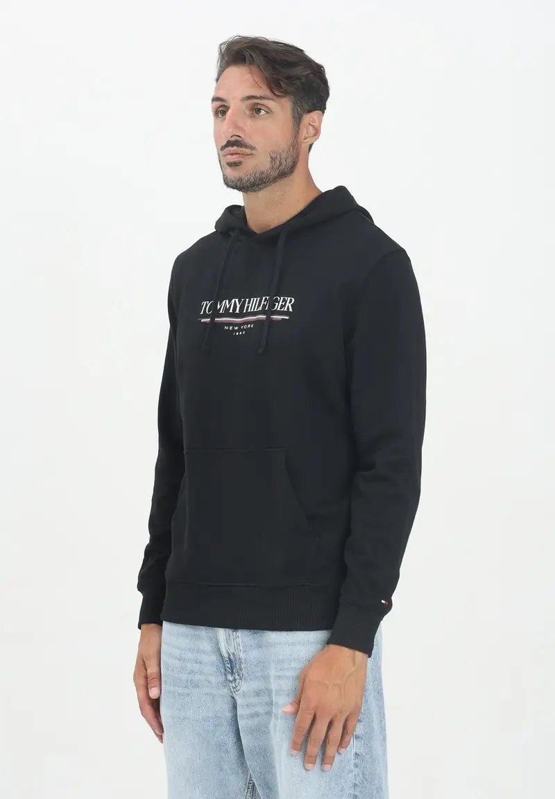 TOMMY HILFIGER Felpa con cappuccio nera da uomo rifinita da stampa logo