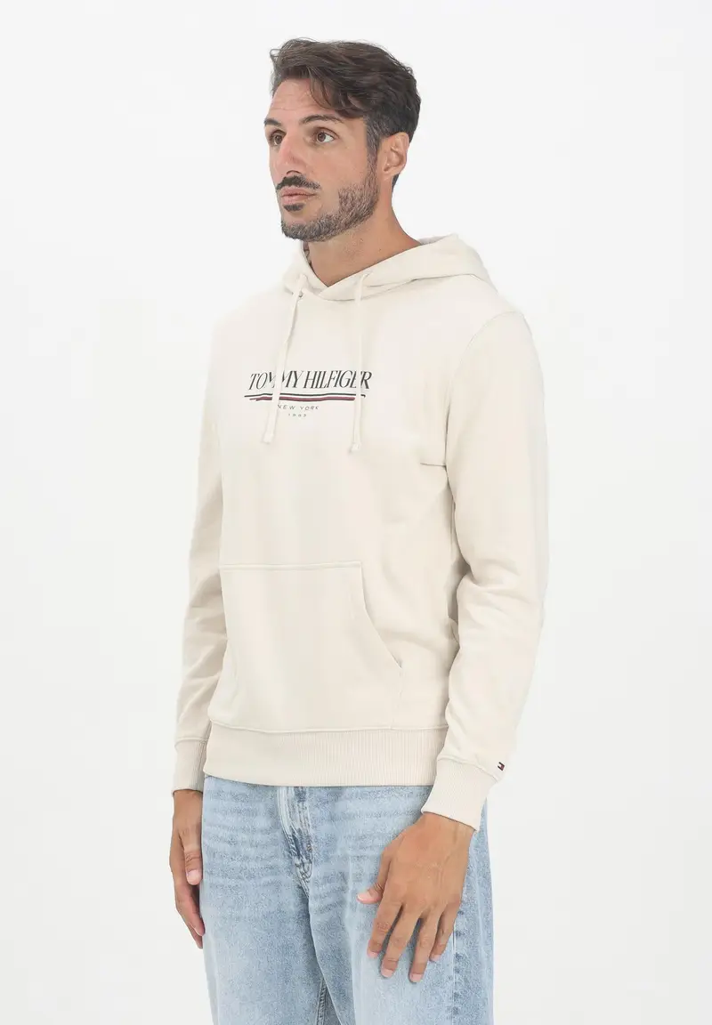 TOMMY HILFIGER Felpa con cappuccio panna da uomo rifinita da stampa logo