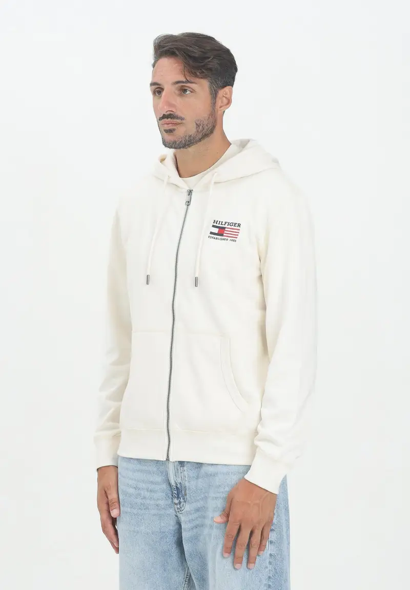 TOMMY HILFIGER Felpa con zip panna da uomo rifinita da logo