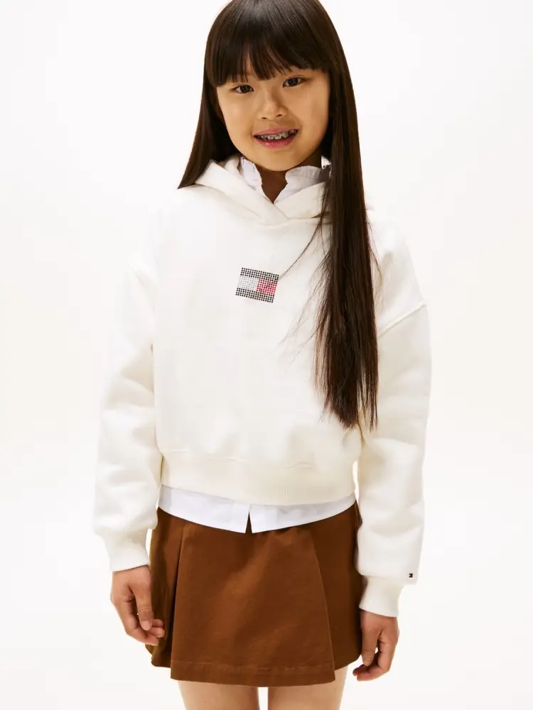 felpa crema bambina in cotone con cappuccio logo con strass