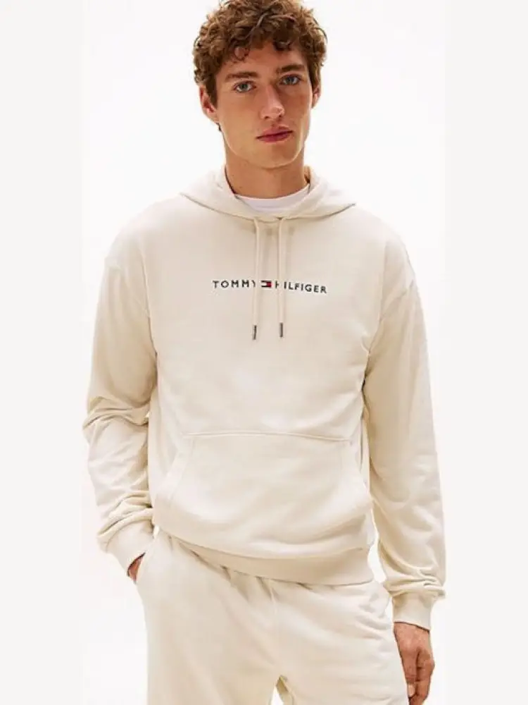 felpa crema uomo in cotone con cappuccio logo lettering