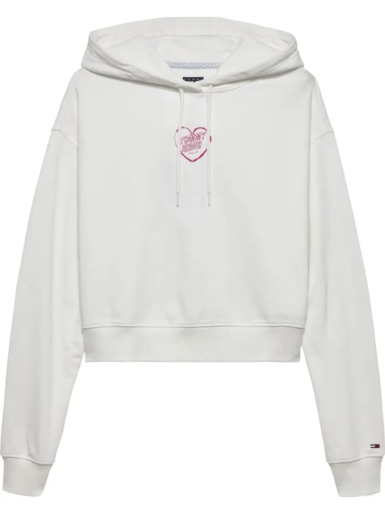 felpa cropped con cappuccio in cotone bianco con stampa cuore posteriore