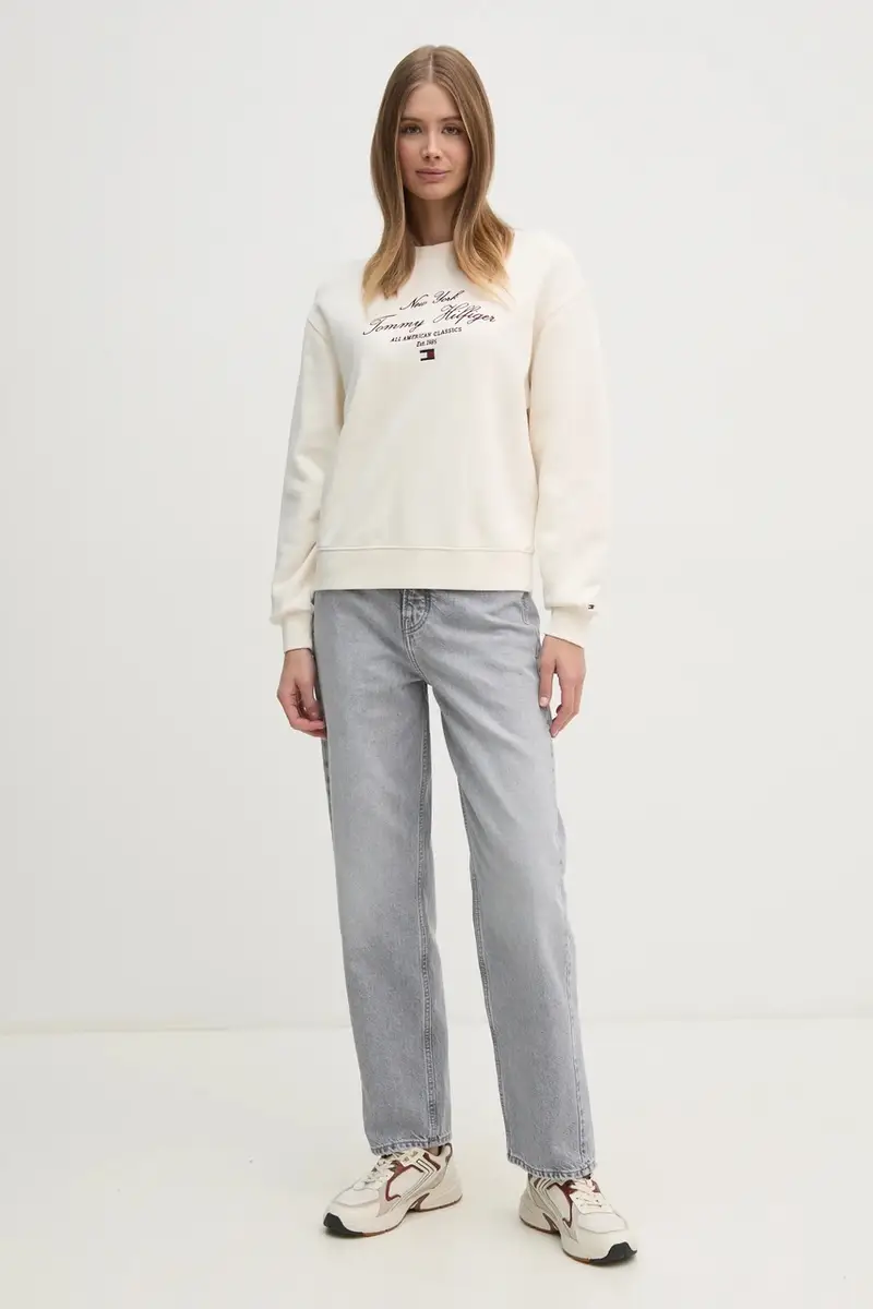 felpa donna colore beige con applicazione WW0WW43844 miniatura 2