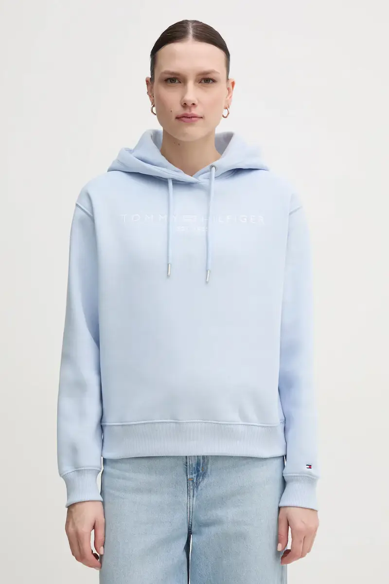 felpa donna colore blu con cappuccio con applicazione WW0WW43598