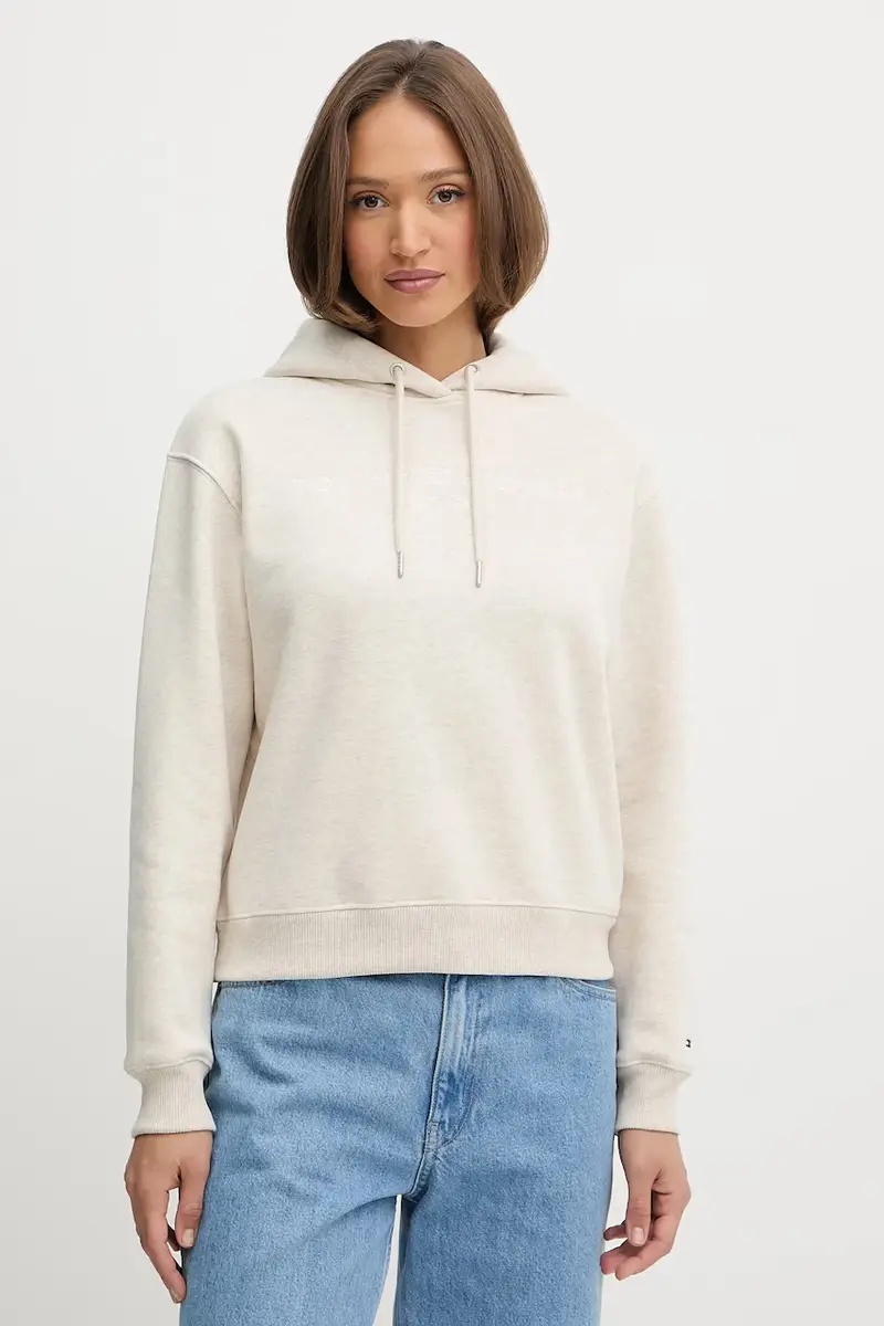 felpa donna colore nero con cappuccio con applicazione WW0WW43598 Beige