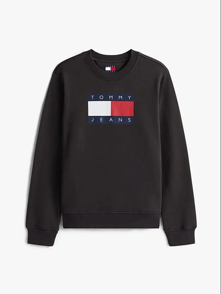 felpa donna girocollo in cotone nero con maxi logo bandiera regular fit