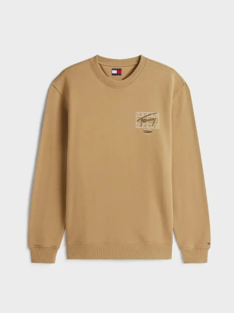 felpa girocollo in cotone beige con stampa davanti e sul retro