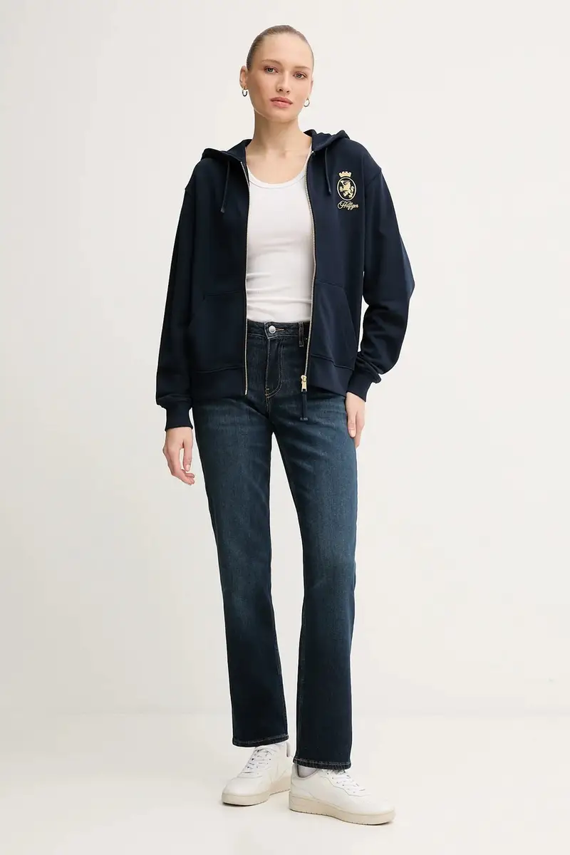 felpa in cotone donna colore blu navy con cappuccio con applicazione WW0WW46126 miniatura 2