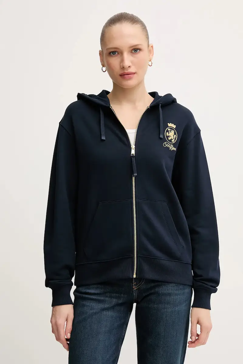 felpa in cotone donna colore blu navy con cappuccio con applicazione WW0WW46126