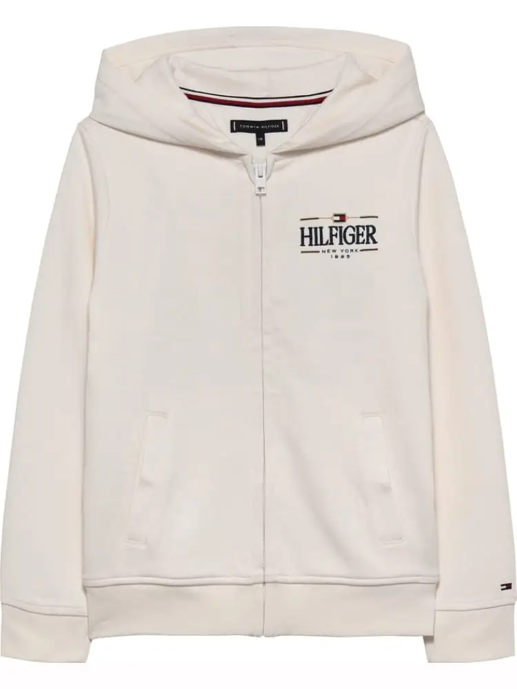 felpa kids/junior con cappuccio e zip in cotone panna con logo sul petto