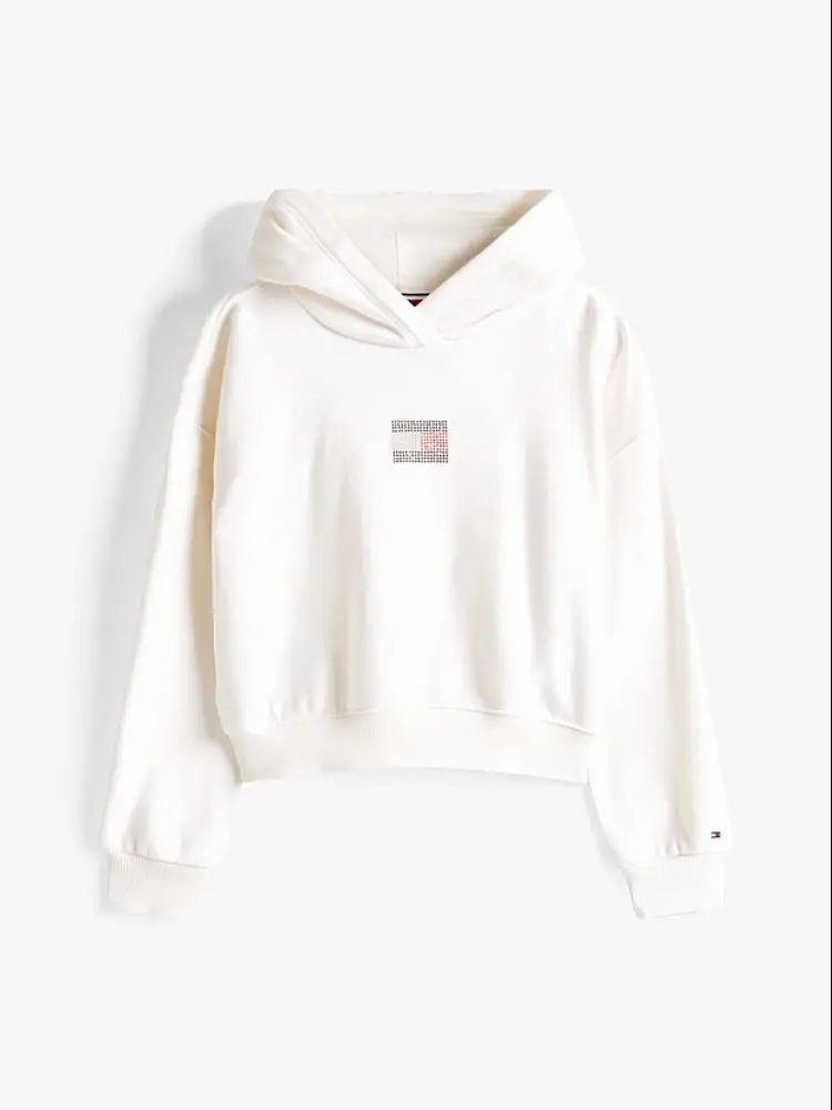 felpa kids/junior con cappuccio panna e logo strass