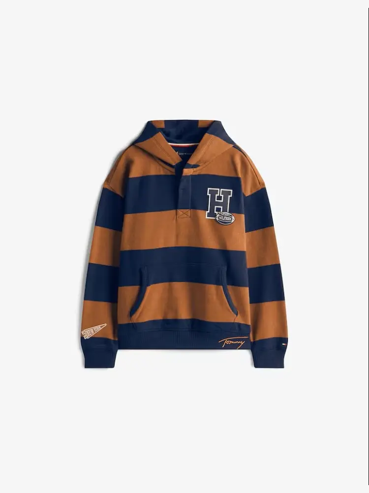 felpa multicolor bambino a righe con cappuccio maxi logo sul petto