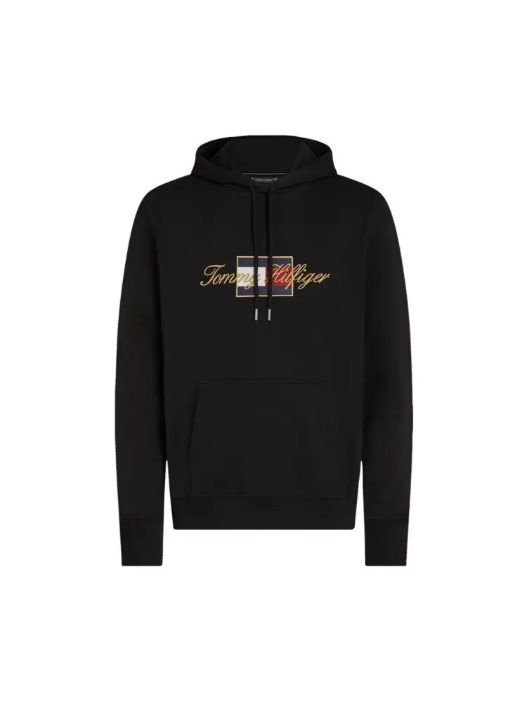 felpa nera uomo in cotone con cappuccio logo ricamato sul davanti