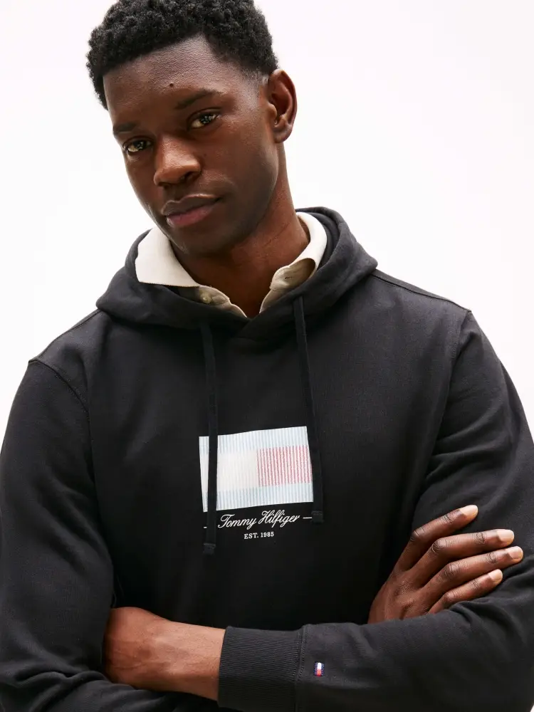 felpa nera uomo in cotone con cappuccio stampa logo sul davanti miniatura 3