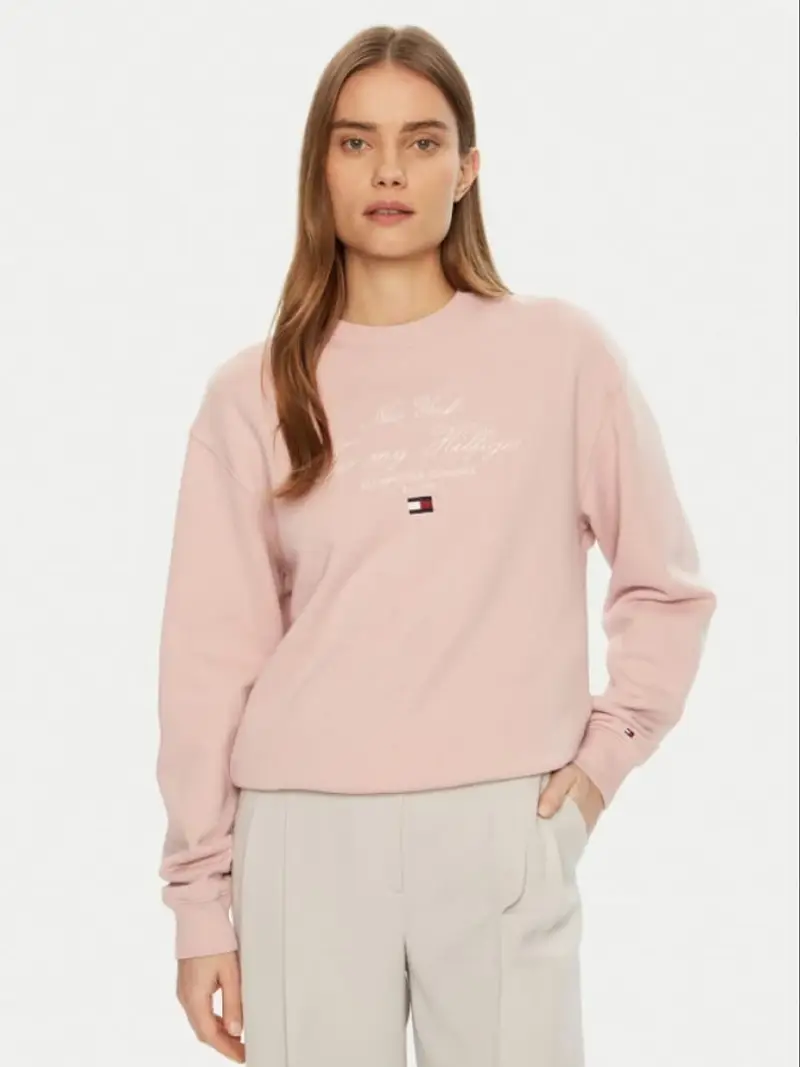 Tommy Hilfiger felpa rosa donna in cotone girocollo logo ricamato sul davanti