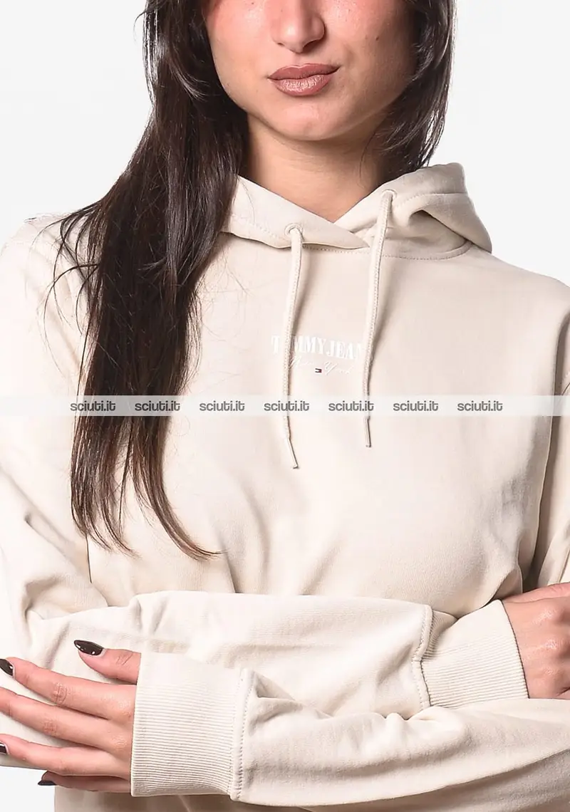 Felpa Tommy Hilfiger donna beige chiaro con cappuccio Essential