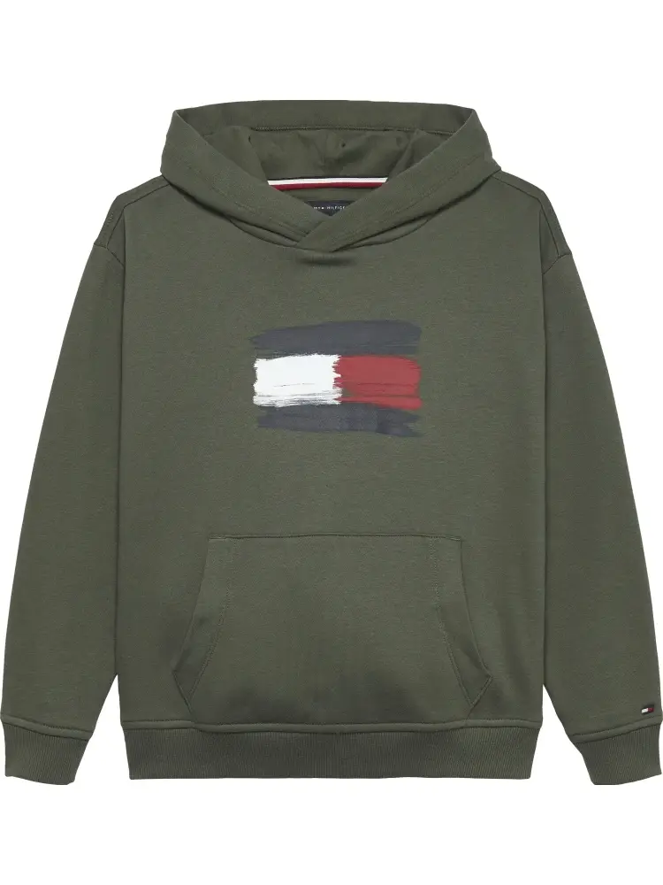 felpa verde militare bambino con cappuccio logo sul davanti