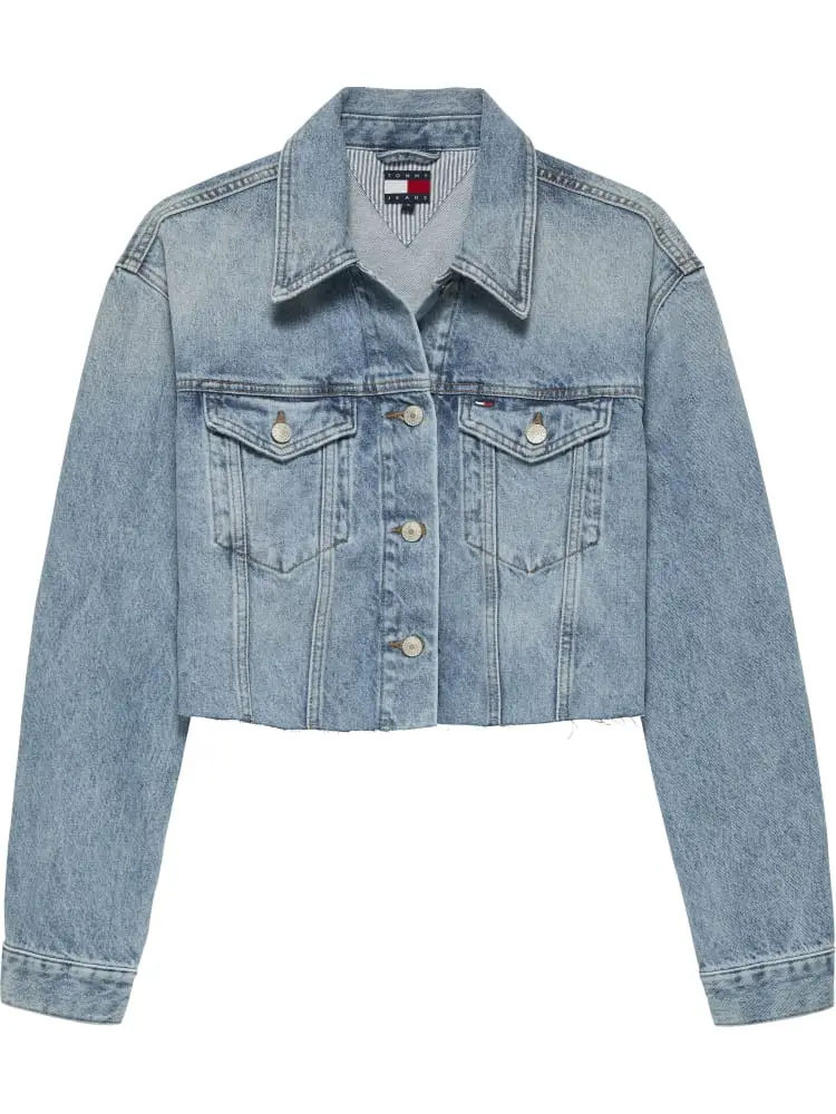 giacca crop oversize in denim con logo light blue