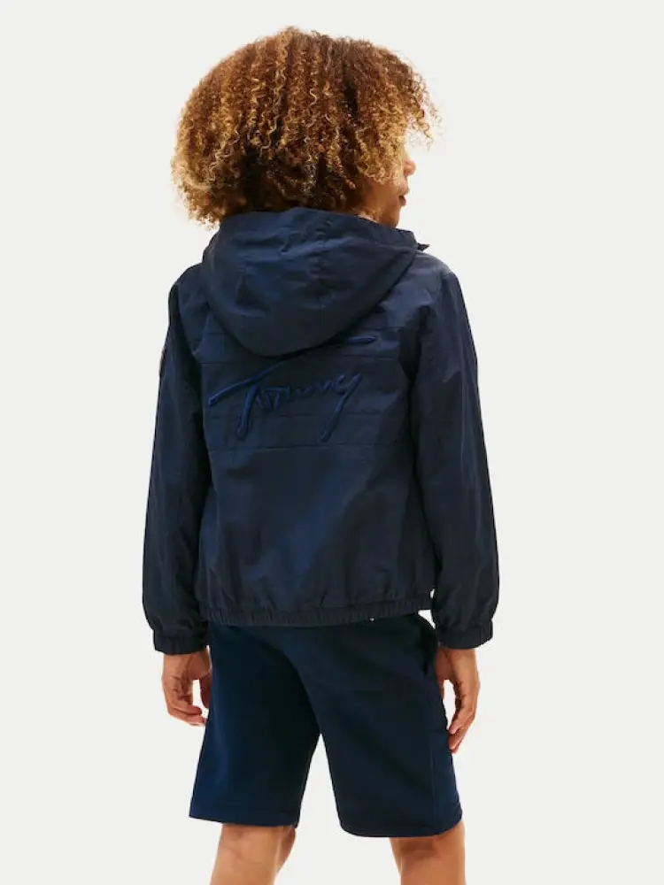 giubbotto blu navy bambino con cappuccio tessuto leggero maxi logo sul retro miniatura 3