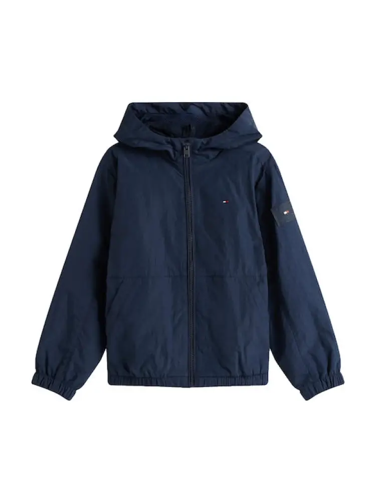giubbotto blu navy bambino con cappuccio tessuto leggero maxi logo sul retro