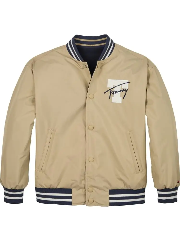 giubbotto bomber reversibile kids/junior in nylon beige interno blu con logo sul petto e sul retro