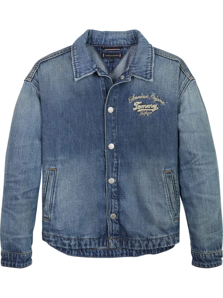 giubbotto junior in denim blu medio con ricamo sul petto