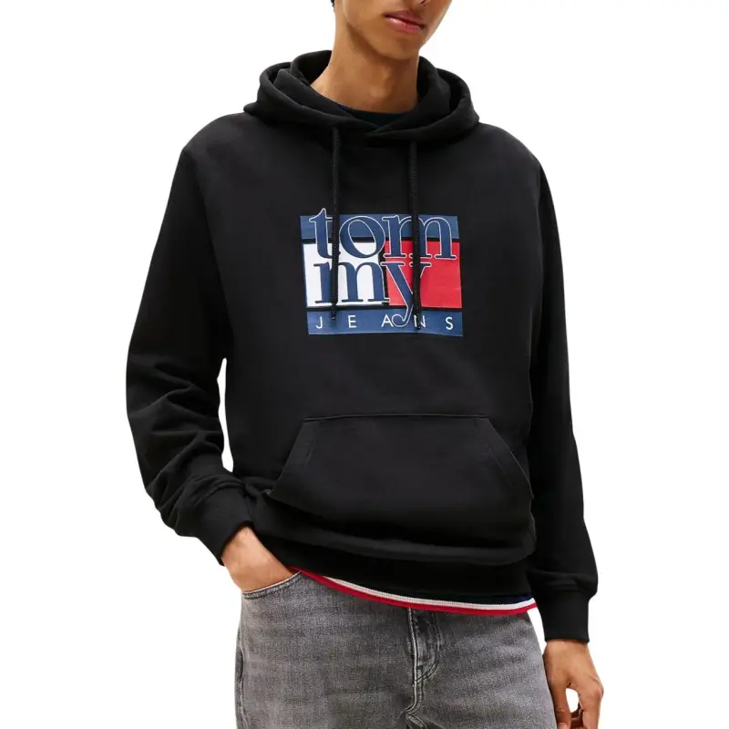Felpa Tommy Hilfiger Jeans Uomo Nera con Cappuccio e Stampa - black / S